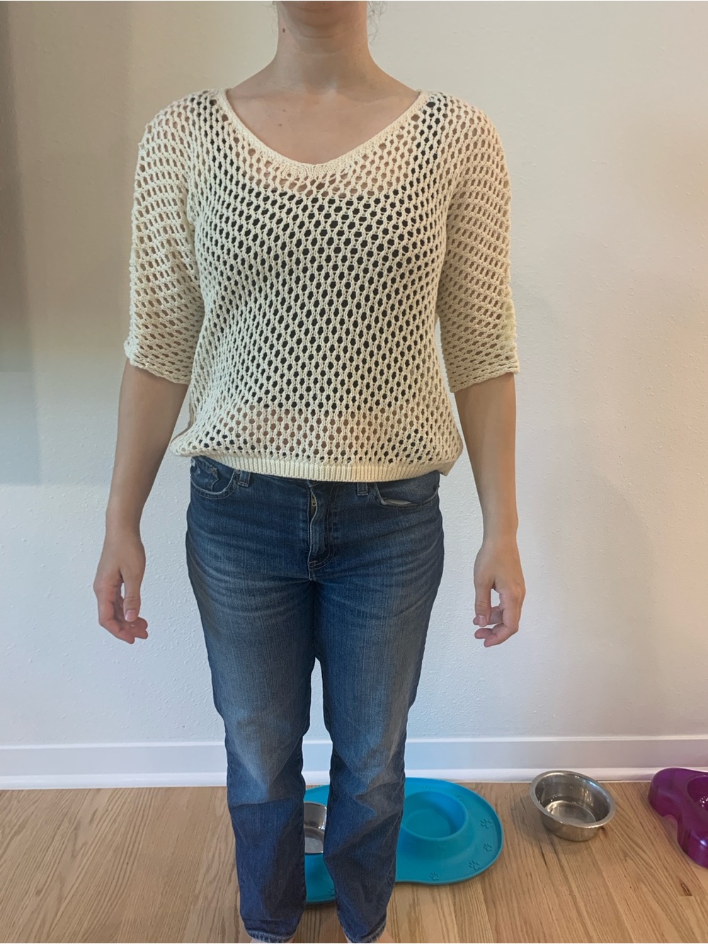 Cream Open-Weave V-Neck Sweater